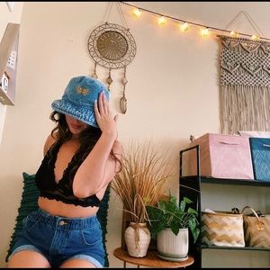Vintage embroidered denim butterfly bucket hat